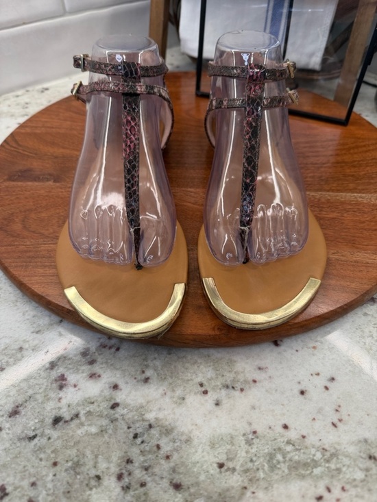 Madden Girl Shoes - Madden Girl Brown Snake-Print T-Strap Sandals with Gold Toe Accent